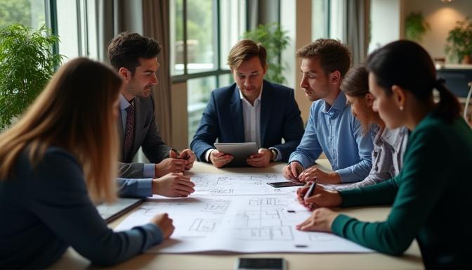 Team collaborating over smart interior plans
